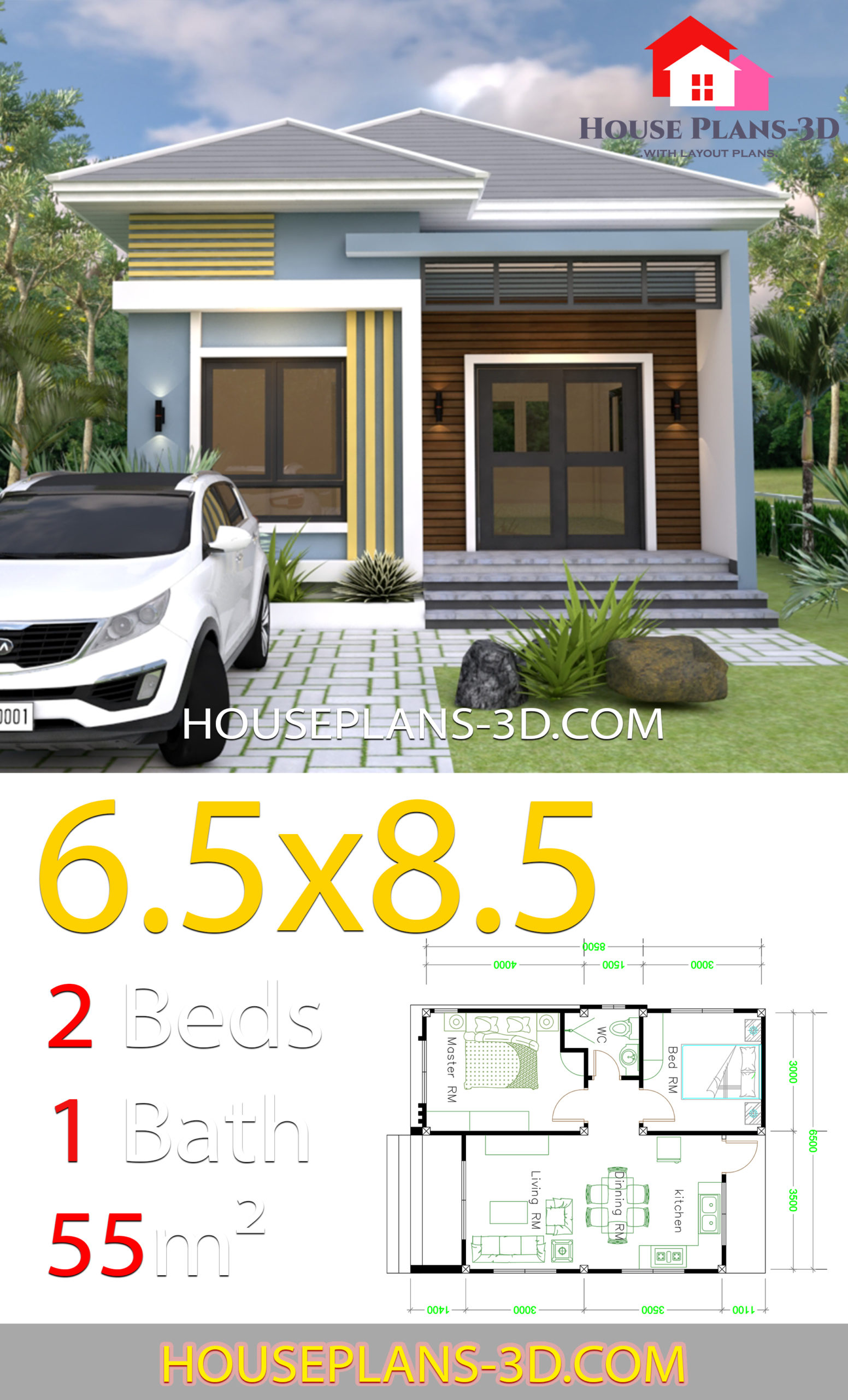 Small House Design 6.5x8.5 With 2 Bedrooms Hip roof front 3d