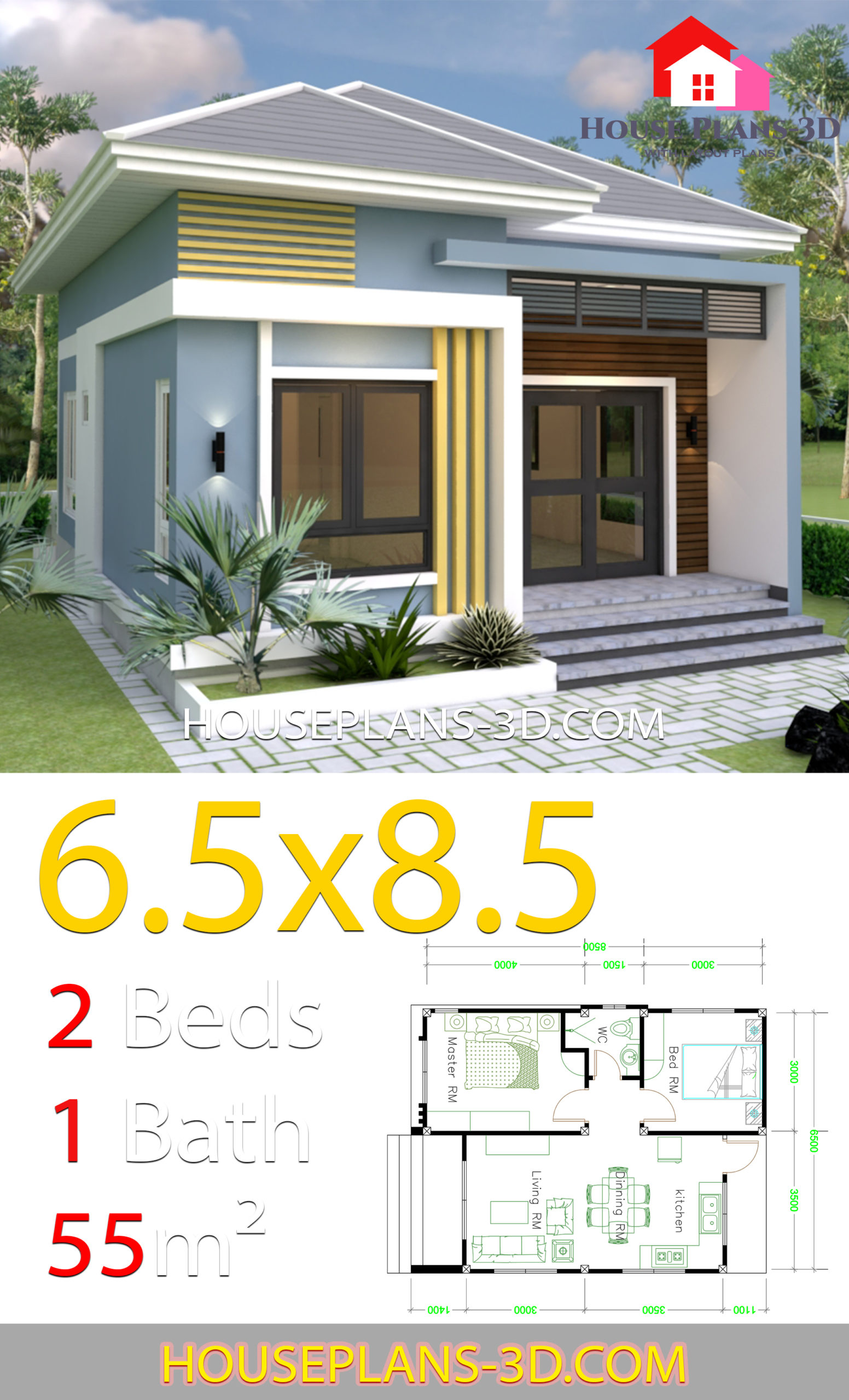 Small House Design 6.5x8.5 With 2 Bedrooms Hip roof 3d 1