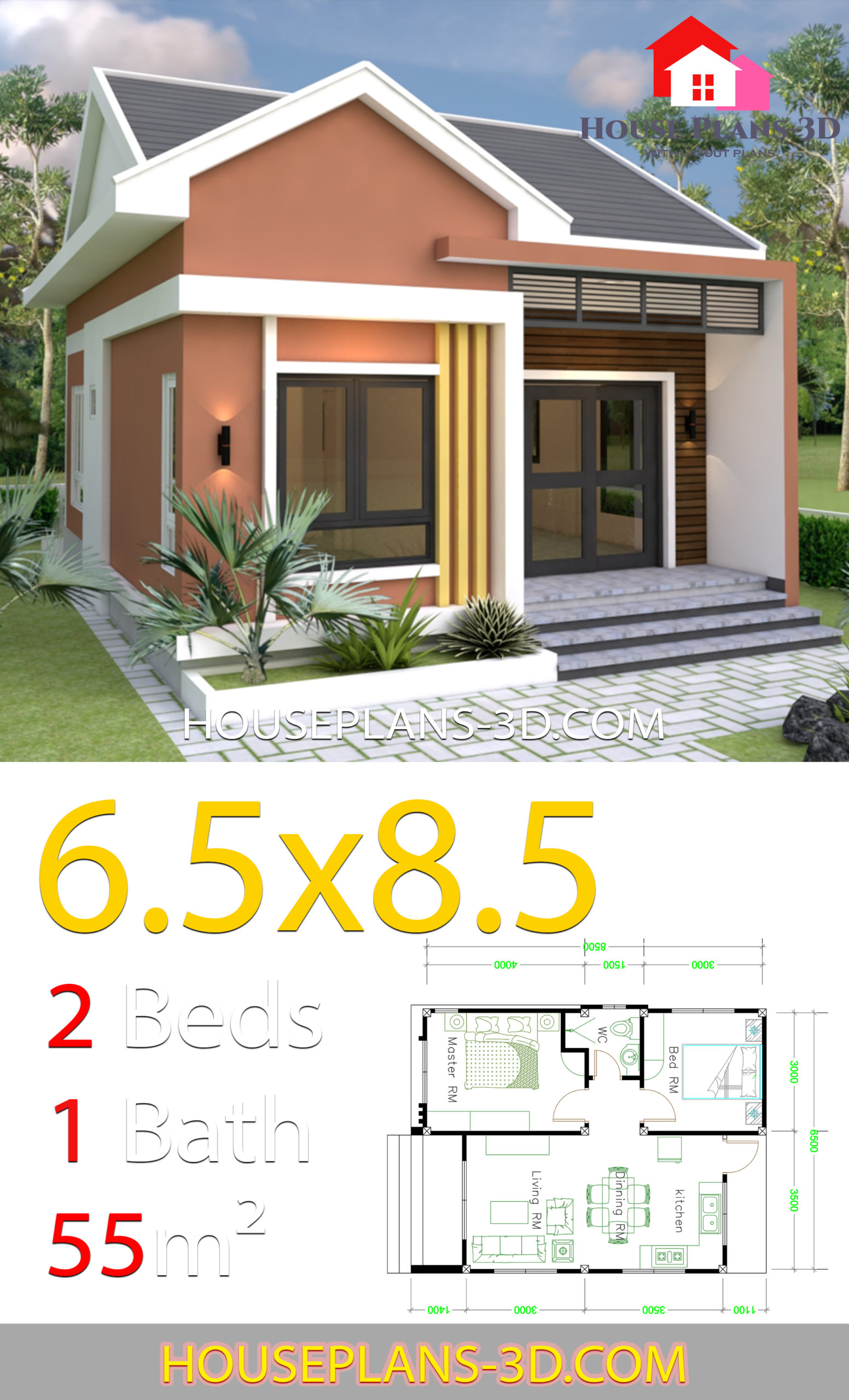 House Design 6.5x8.5 With 2 Bedrooms Shed roof 3d 2