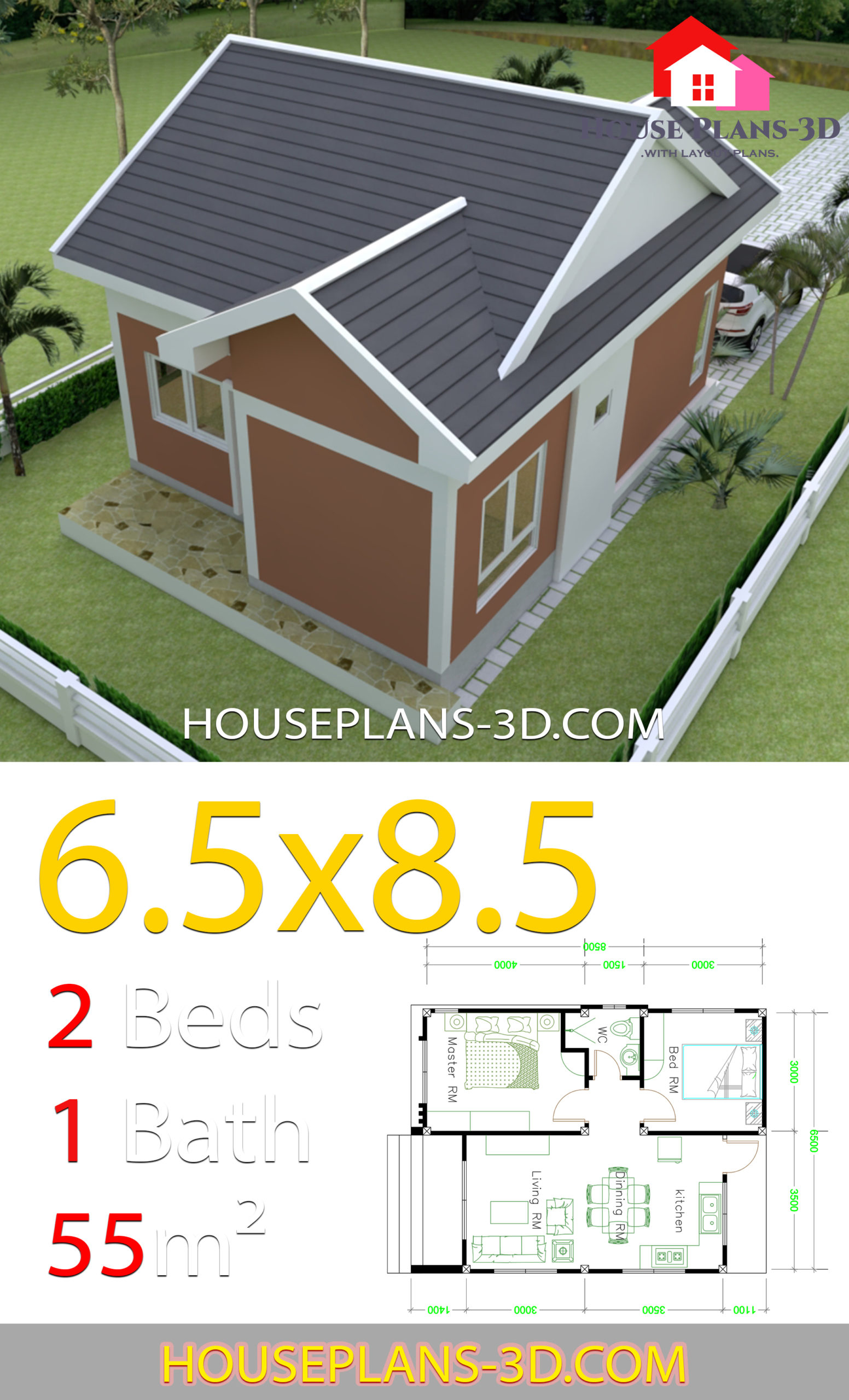 House Design 6.5x8.5 With 2 Bedrooms Shed roof 3d 3