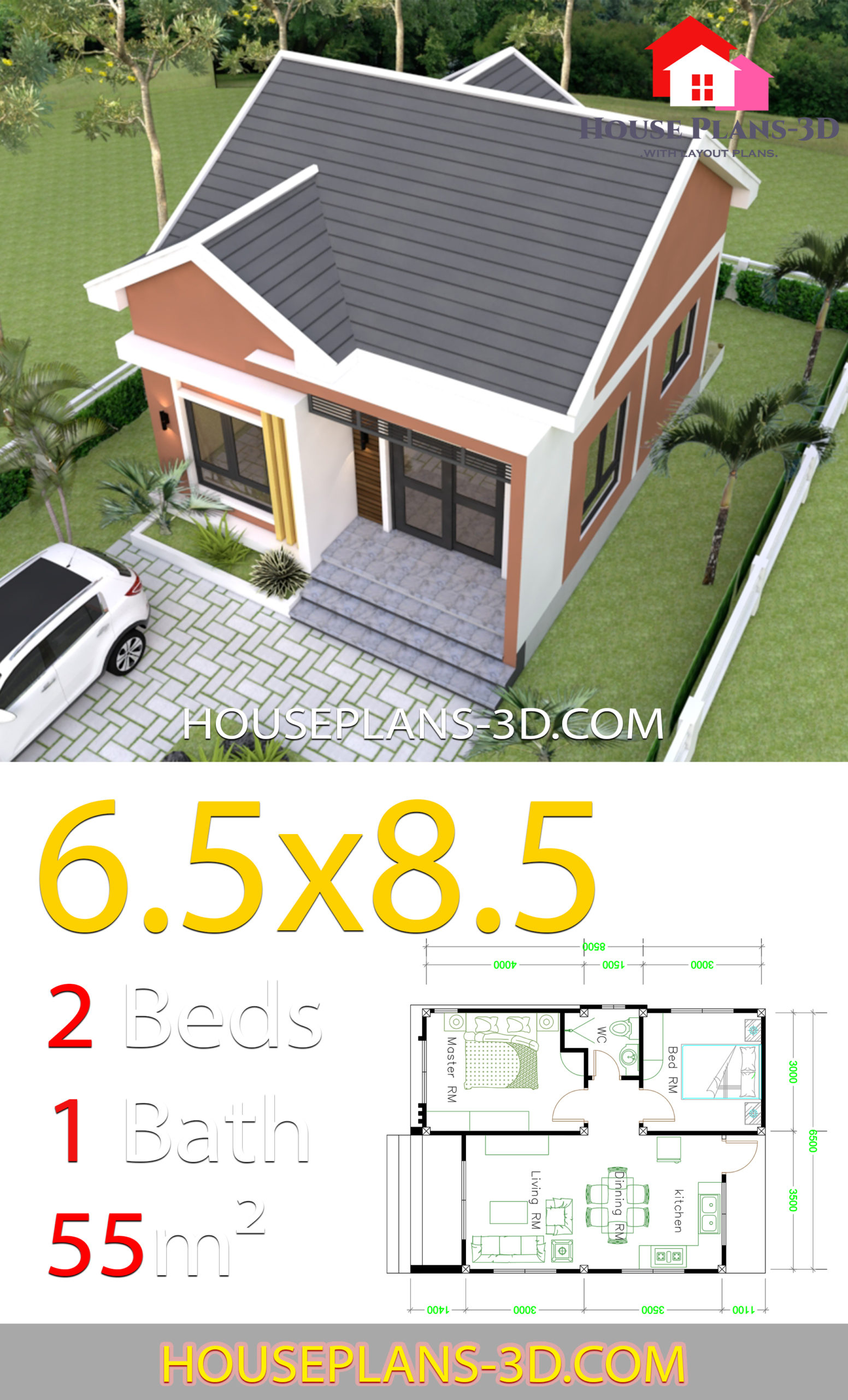 House Design 6 5x8 5 With 2 Bedrooms Shed Roof House Plans 3d