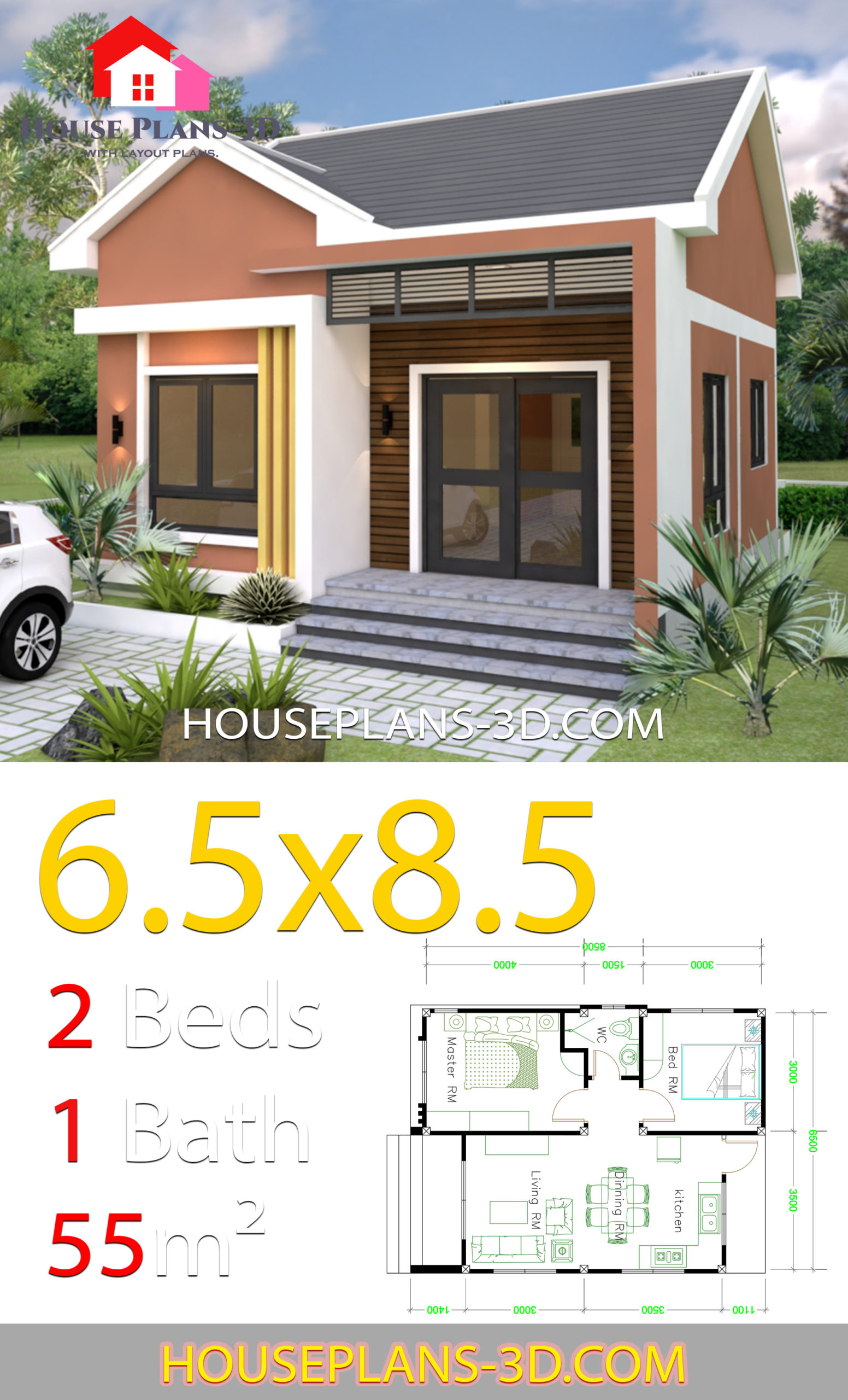House Design 6.5x8.5 With 2 Bedrooms Shed roof 3d 1