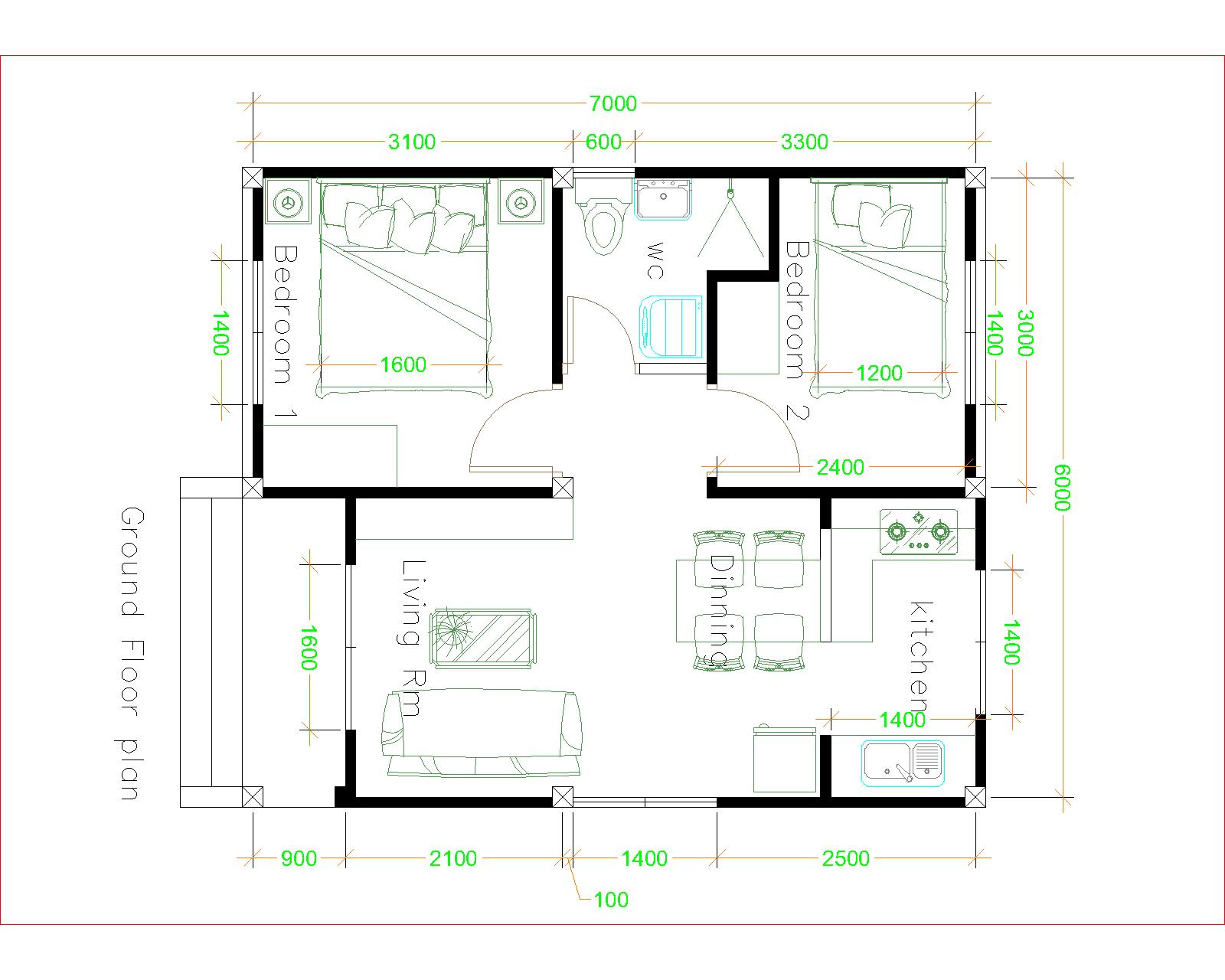 Simple House Plans 6x7 with 2 bedrooms Hip Roof floor plan