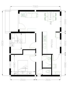 House Plans 9x7 with 2 Bedrooms Gable Roof - House Plans 3D