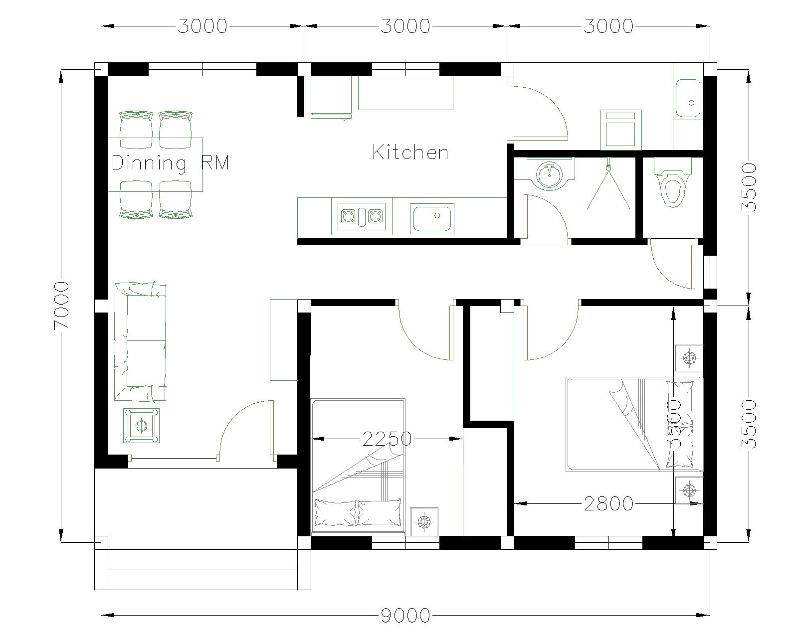 House Plans 9x7 with 2 Bedrooms Hip Roof floor plan