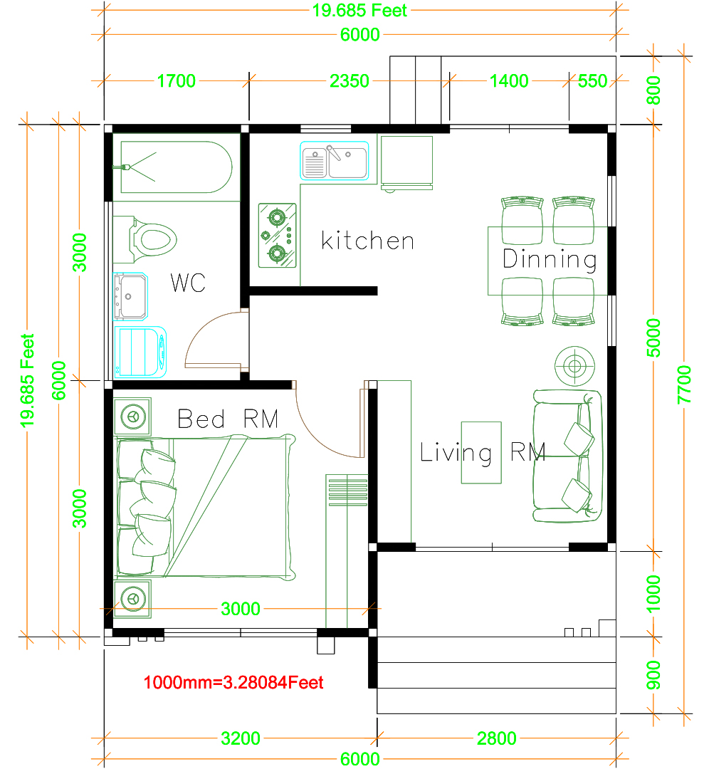 House Plans 6x6 with One Bedrooms Hip Roof floor plan