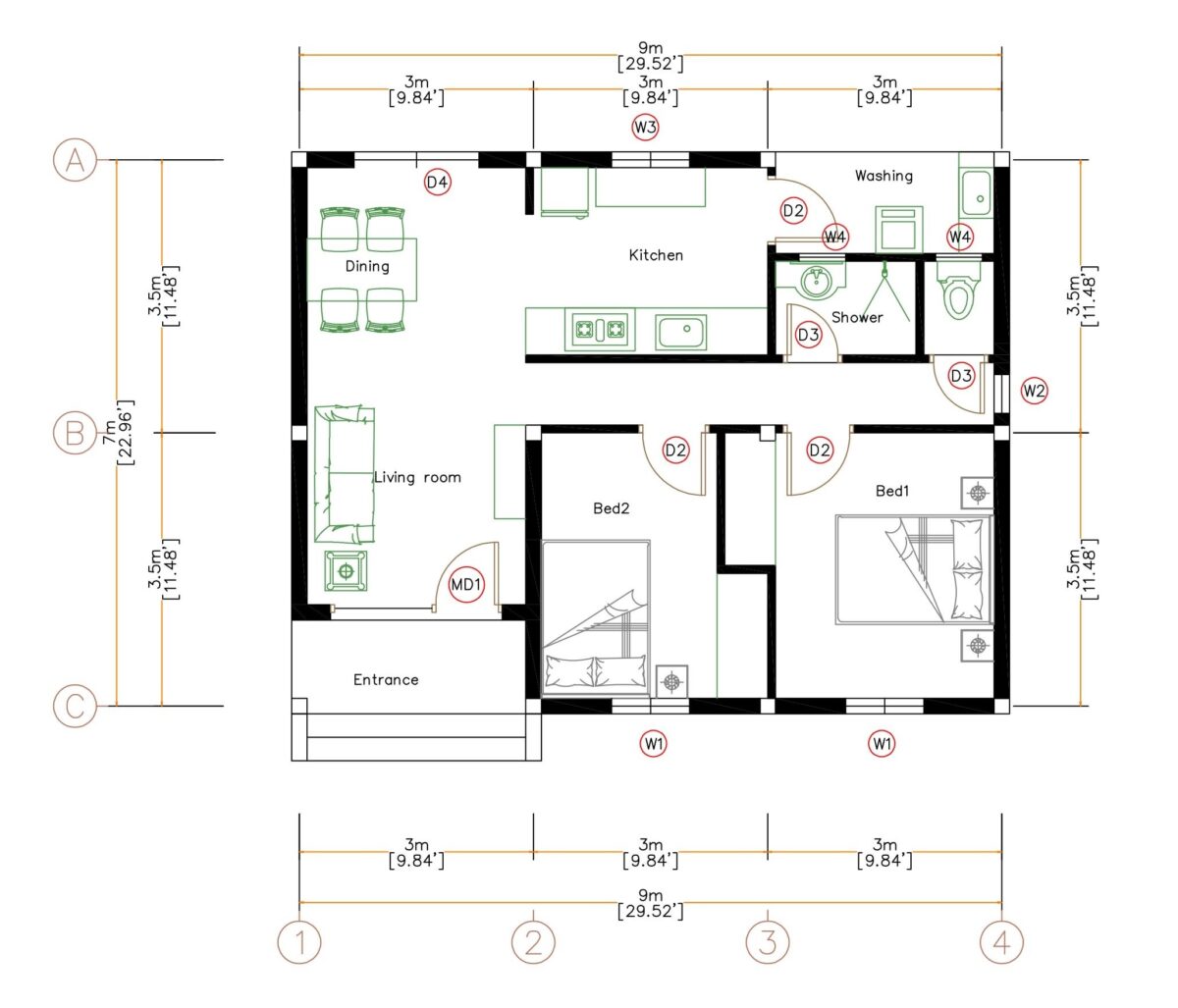 House Plans 9x7 with 2 Bedrooms Hip Roof