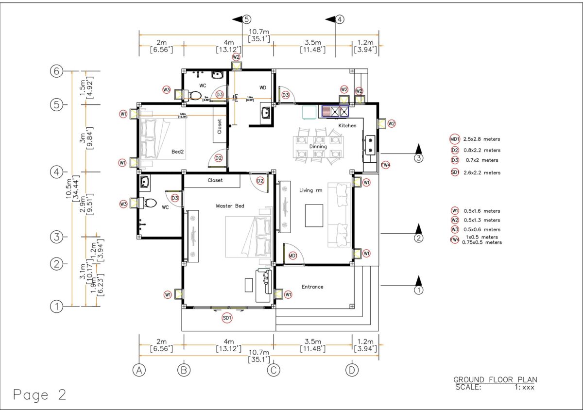 House Plans 10.7x10.5 with 2 Bedrooms Flat roof