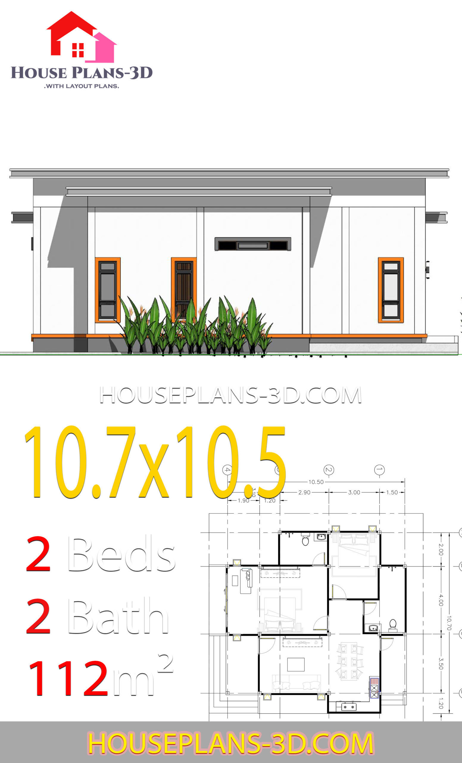 House Plans 10 7x10 5 With 2 Bedrooms Flat Roof House Plans 3d