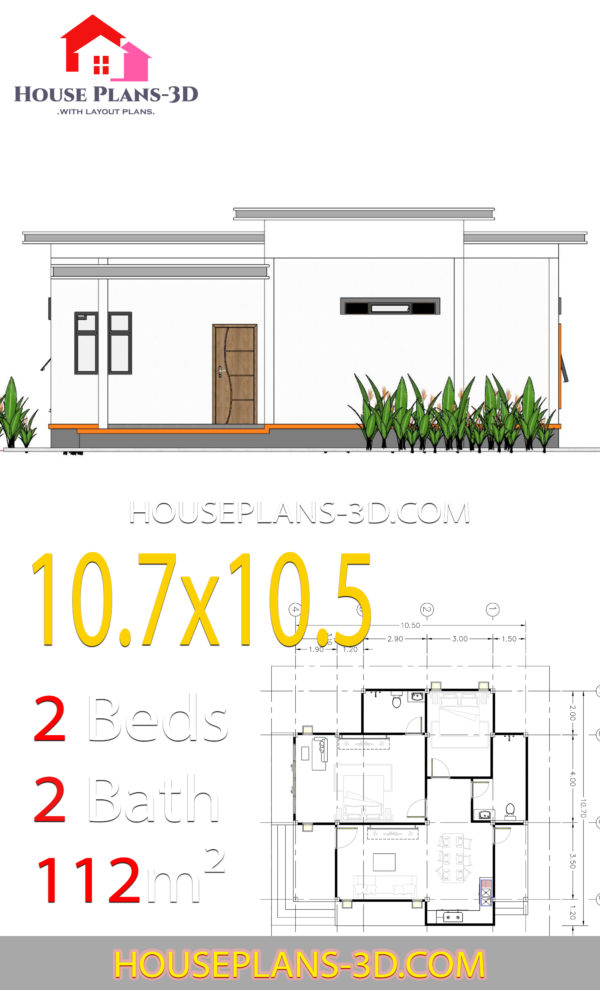 House Plans 10.7x10.5 with 2 Bedrooms Flat roof - House Plans 3D