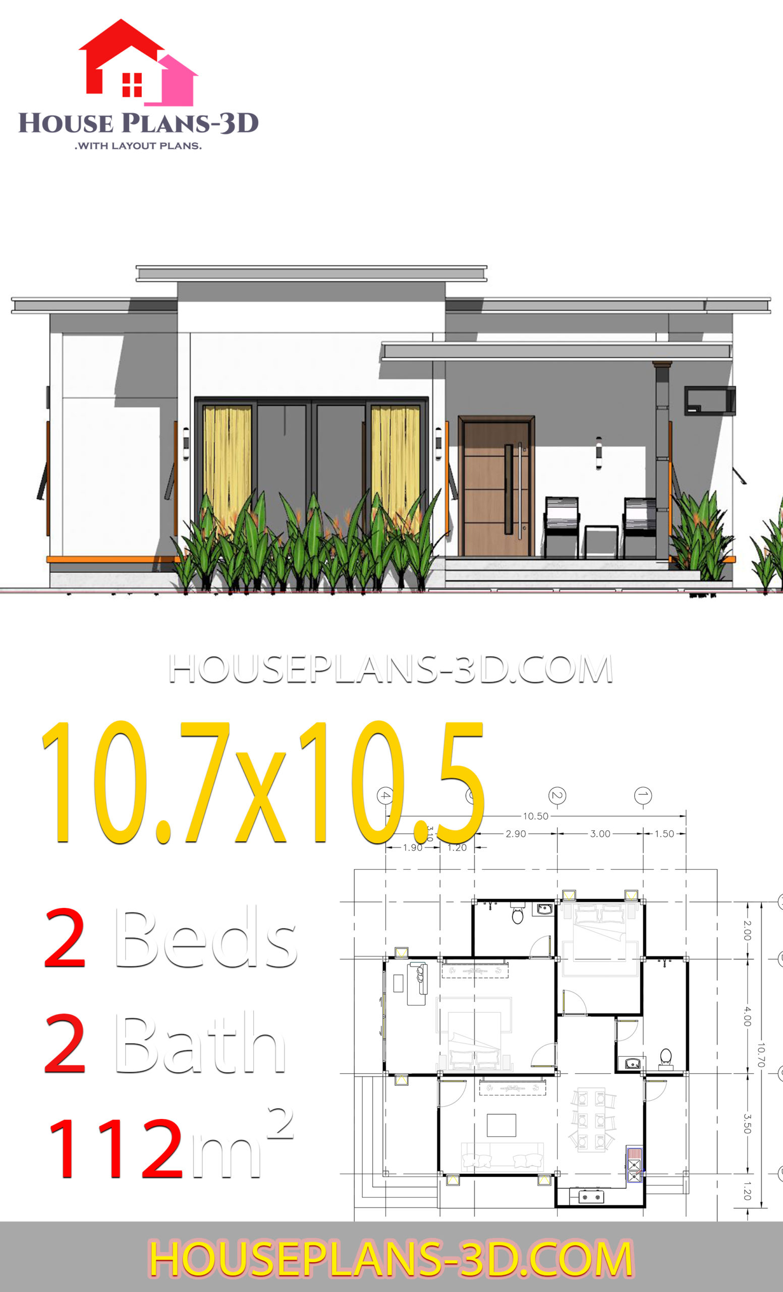 House Plans 10.7x10.5 with 2 Bedrooms Flat roof - House Plans 3D