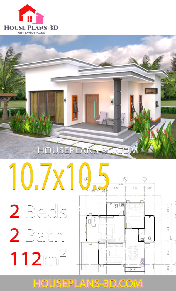 House Plans 10.7x10.5 with 2 Bedrooms Flat roof - House Plans 3D