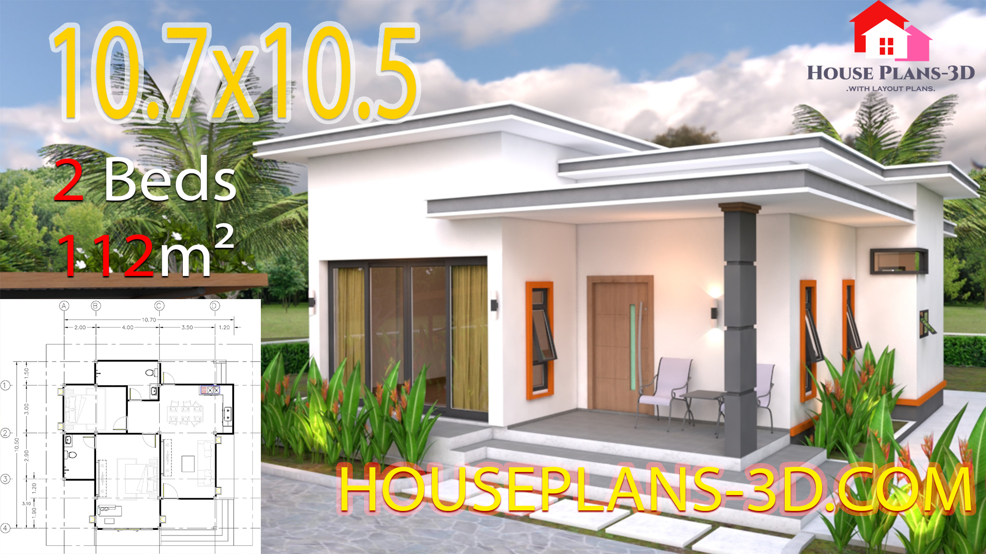 House Plans 10.7x10.5 with 2 Bedrooms Flat roof - House Plans 3D