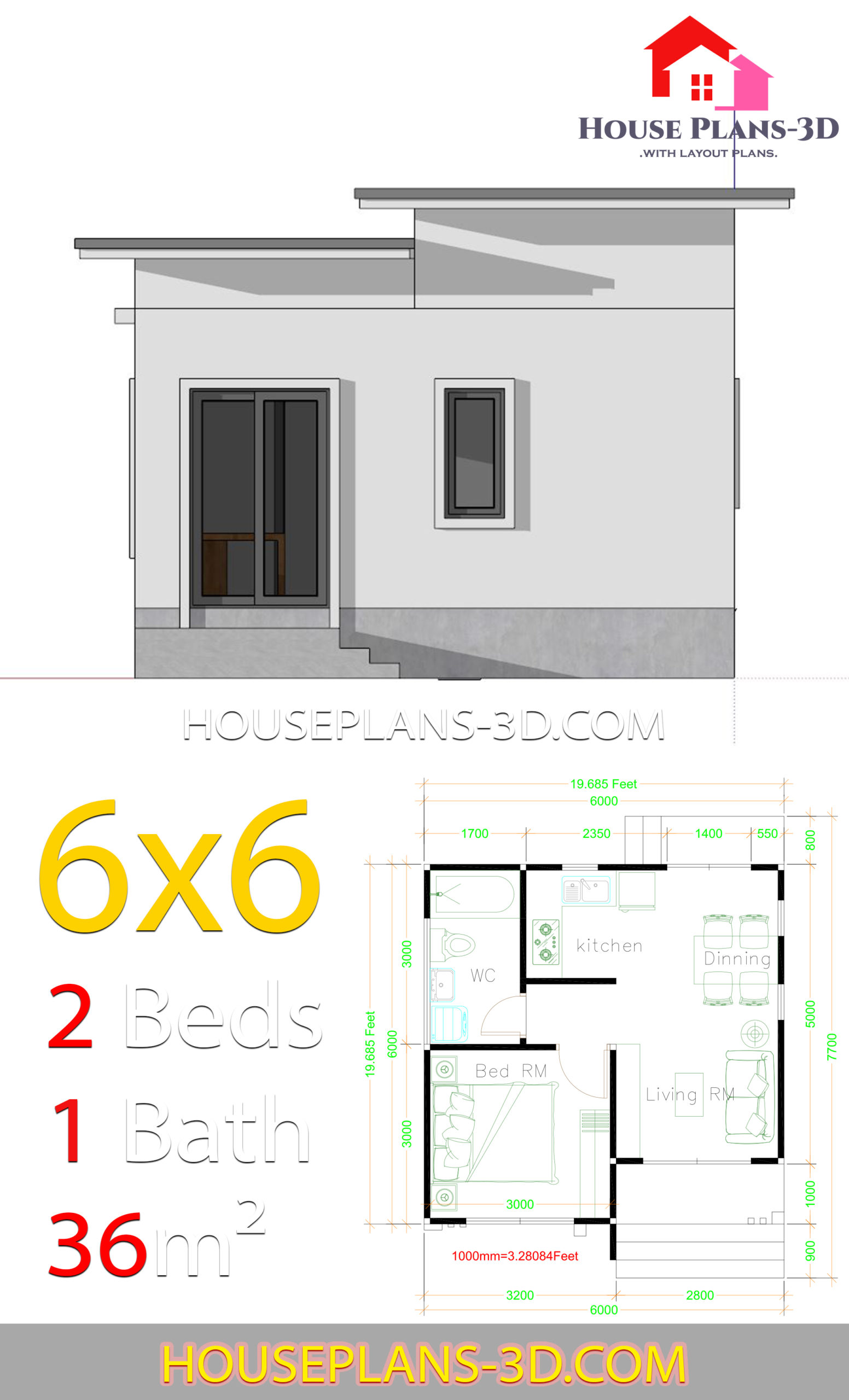 House Plans 6x6 with One Bedrooms Flat Roof House Plans 3D