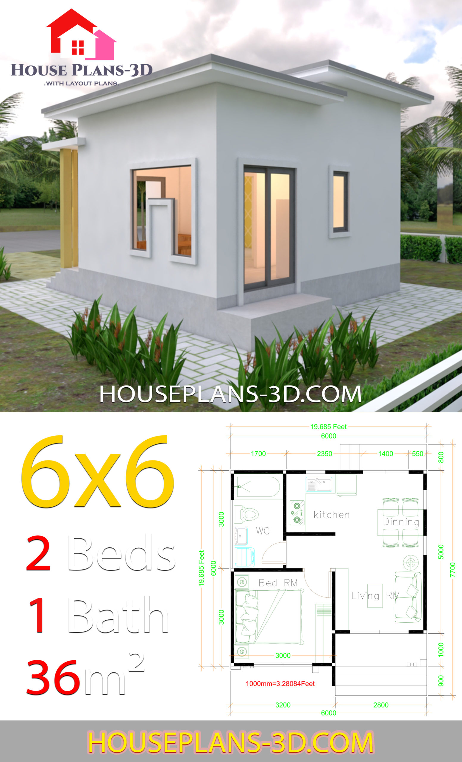 House Plans 6x6 with One Bedrooms Flat Roof - House Plans 3D