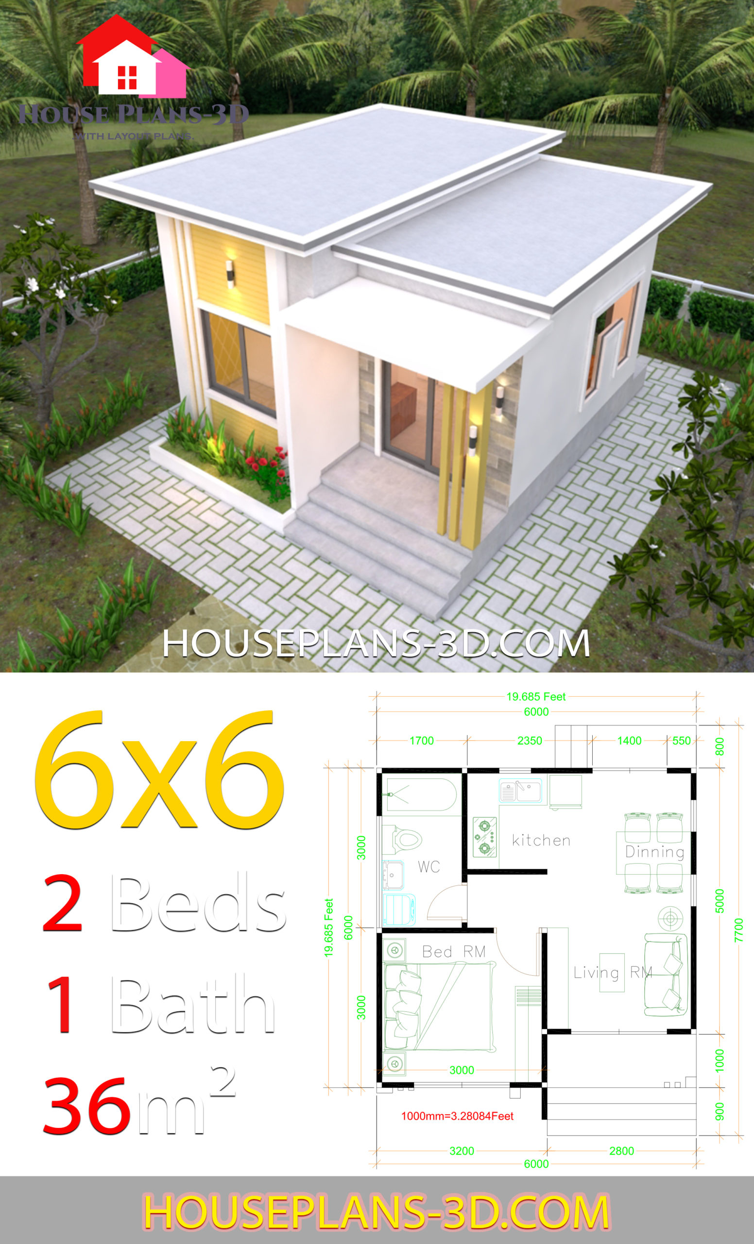 house-plans-6x6-with-one-bedrooms-flat-roof-house-plans-3d