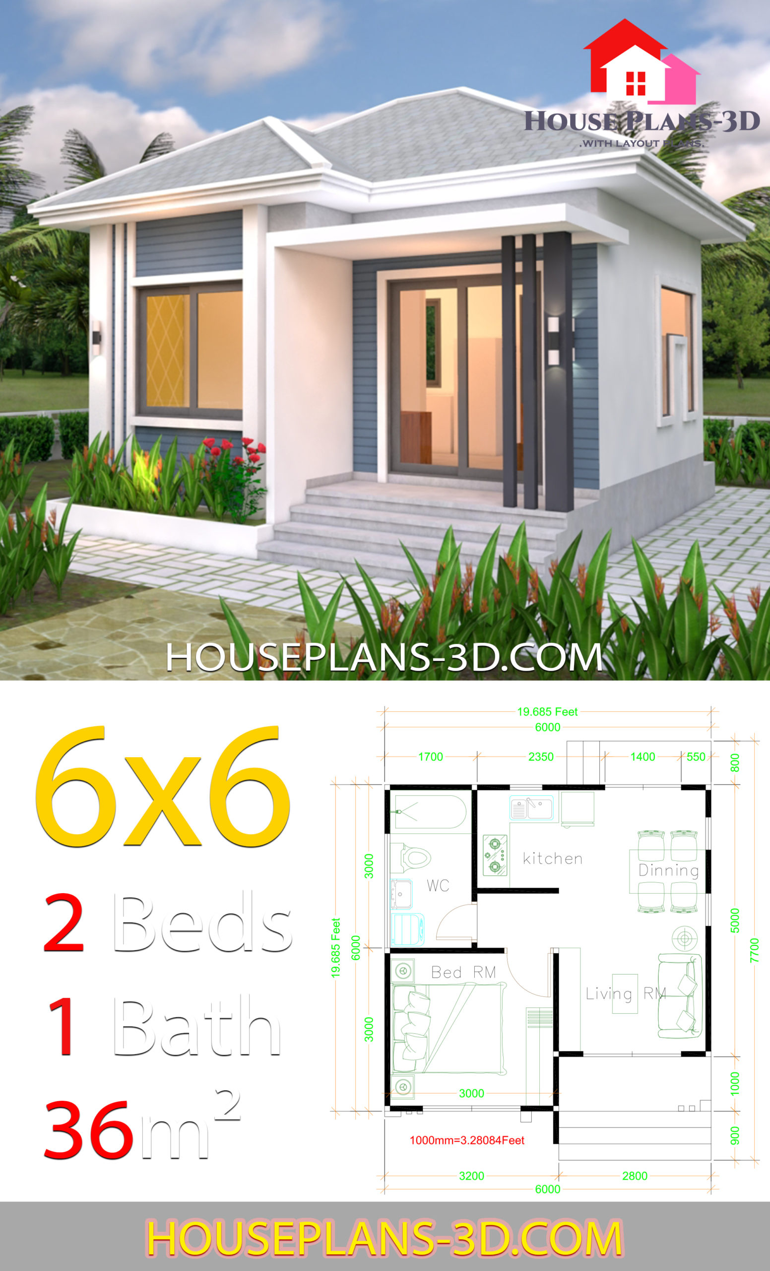 House Plans 6x6 with One Bedrooms Hip Roof 1