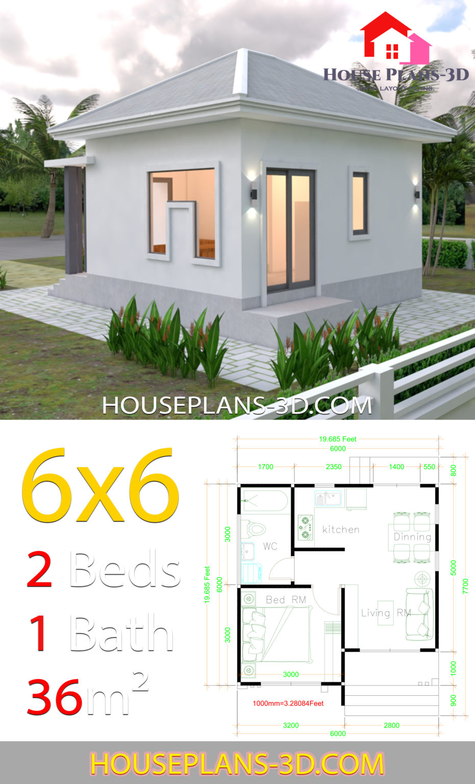 House Plans 6x6 with One Bedrooms Hip Roof - House Plans 3D