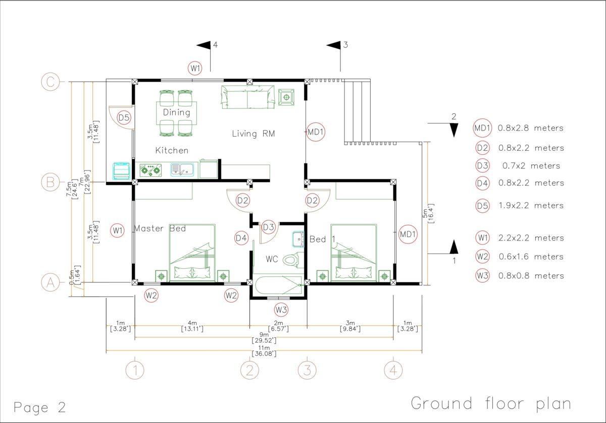 House Plans 7.5x11 with 2 Bedrooms Hip roof Plans