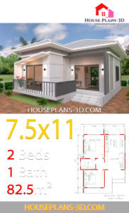 House Plans 7.5x11 with 2 Bedrooms Hip roof - House Plans 3D