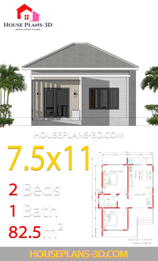 House Plans 7.5x11 with 2 Bedrooms Hip roof - House Plans 3D