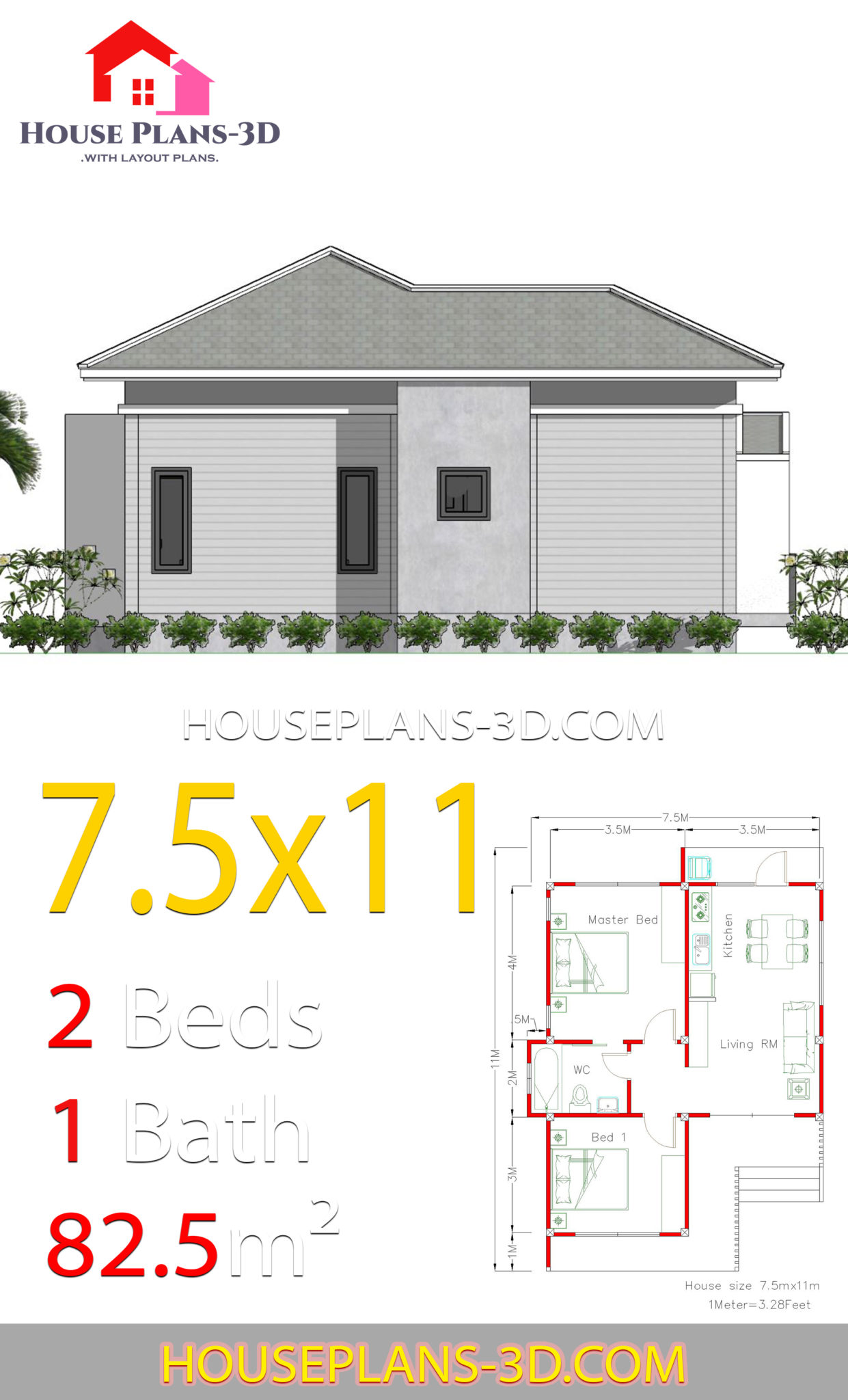 House Plans 7.5x11 with 2 Bedrooms Hip roof - House Plans 3D