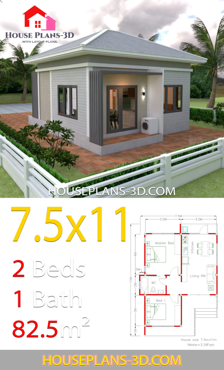 House Plans 7.5x11 with 2 Bedrooms Hip roof - House Plans 3D