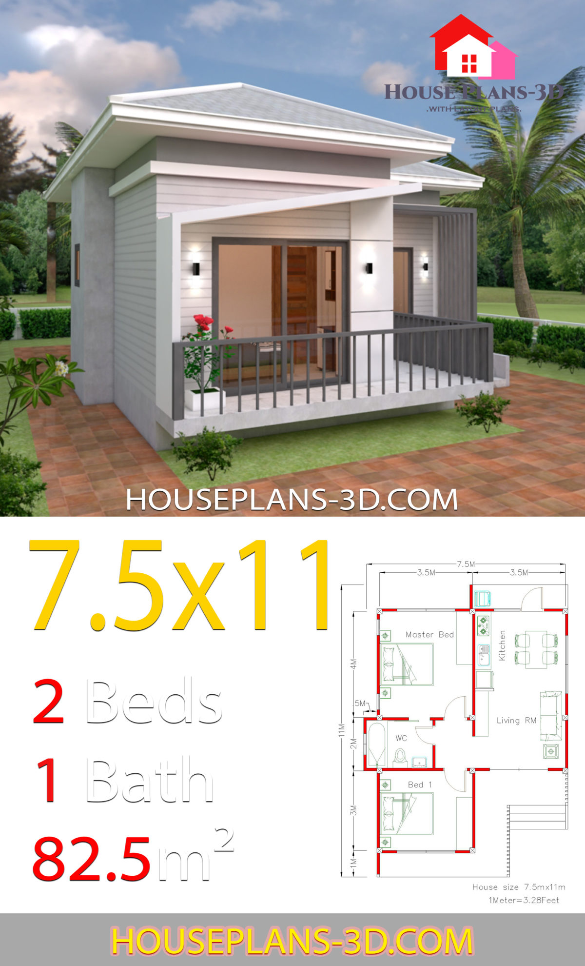 House Plans 7.5x11 with 2 Bedrooms Hip roof - House Plans 3D