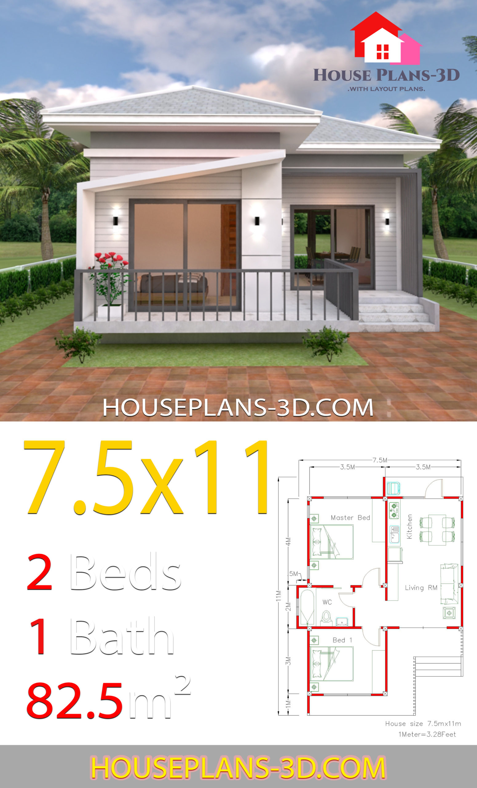 House Plans 7.5x11 with 2 Bedrooms Hip roof