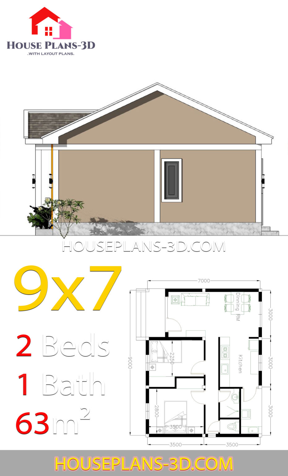 House Plans 9x7 with 2 Bedrooms Gable Roof - House Plans 3D