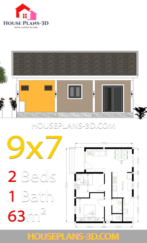 House Plans 9x7 with 2 Bedrooms Gable Roof - House Plans 3D