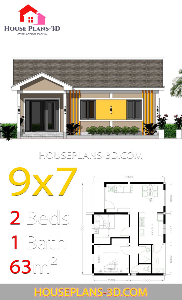 House Plans 9x7 with 2 Bedrooms Gable Roof - House Plans 3D