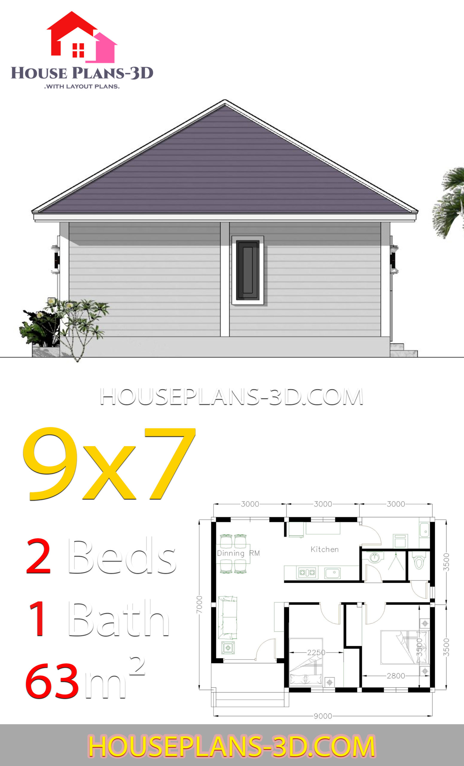 House Plans 9x7 with 2 Bedrooms Hip Roof