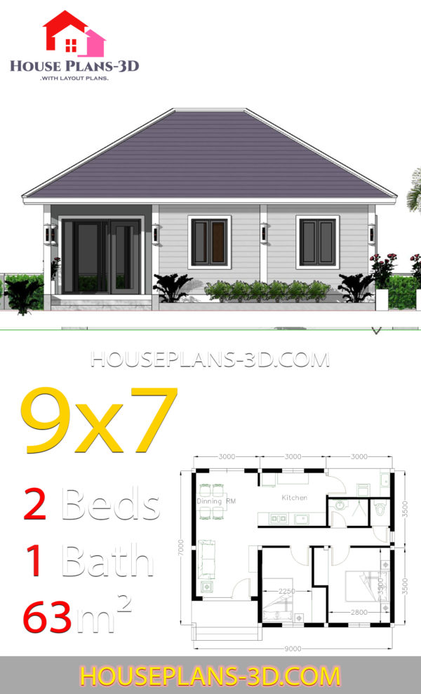 House Plans 9x7 with 2 Bedrooms Hip Roof - House Plans 3D