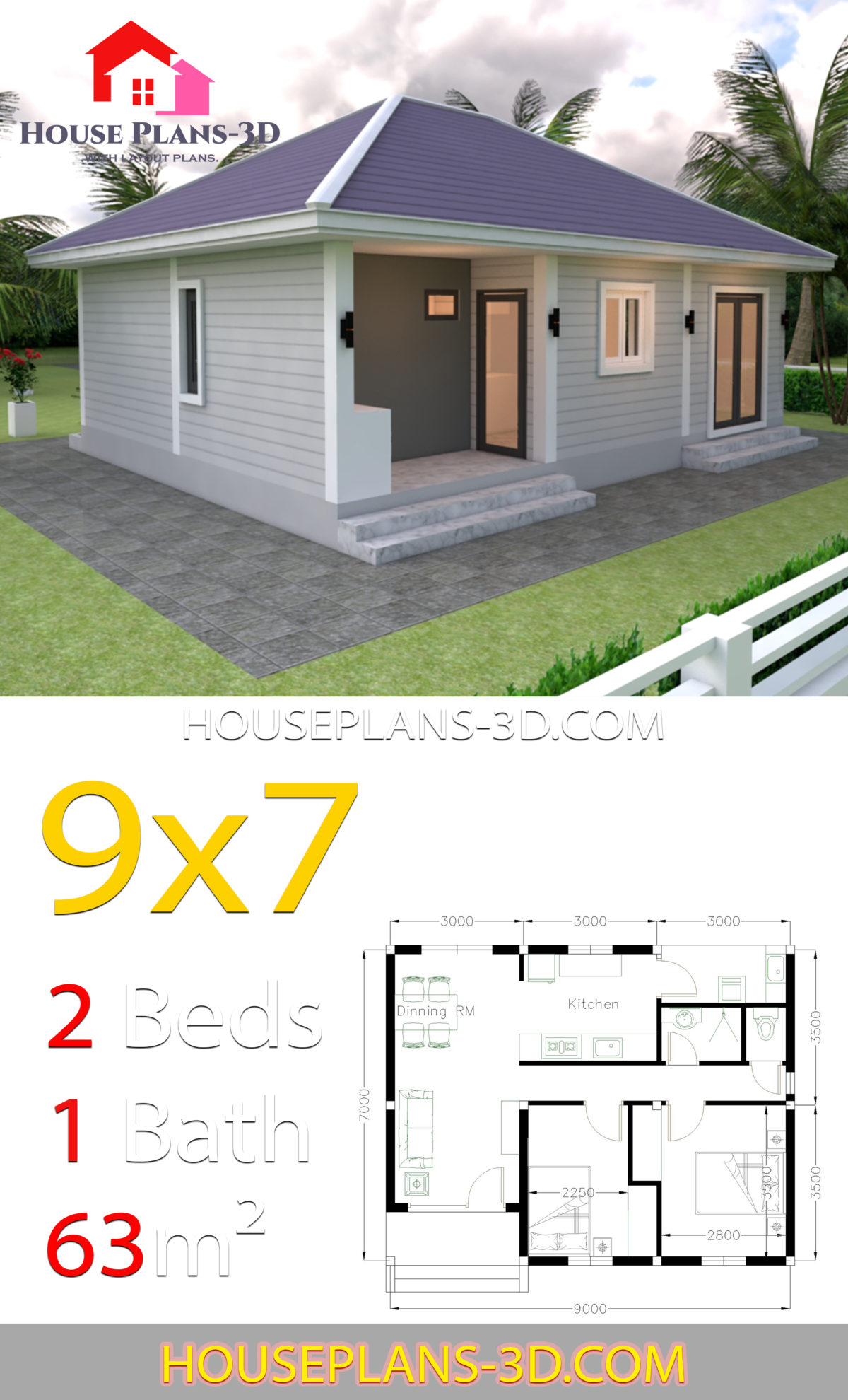 House Plans 9x7 with 2 Bedrooms Hip Roof - House Plans 3D