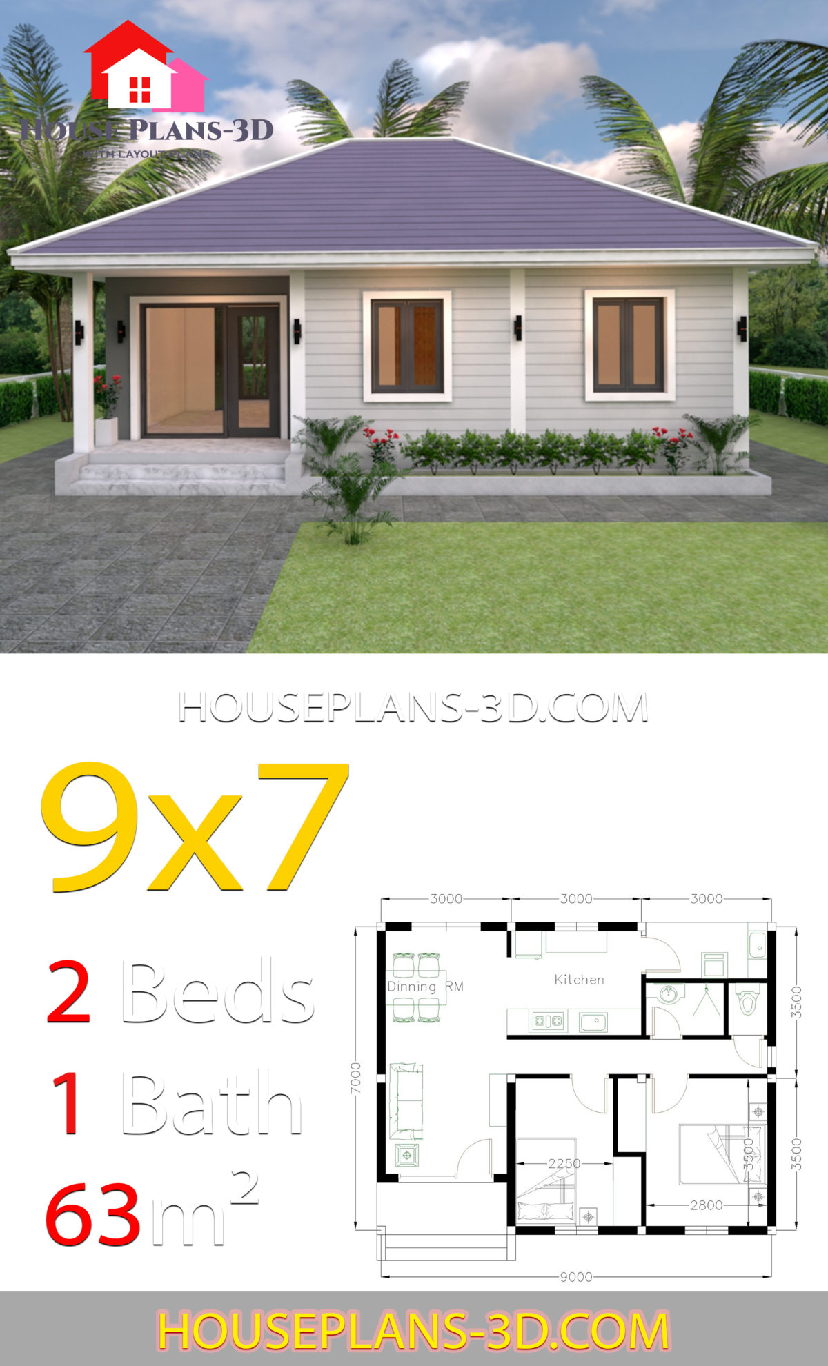 House Plans 9x7 with 2 Bedrooms Hip Roof - House Plans 3D