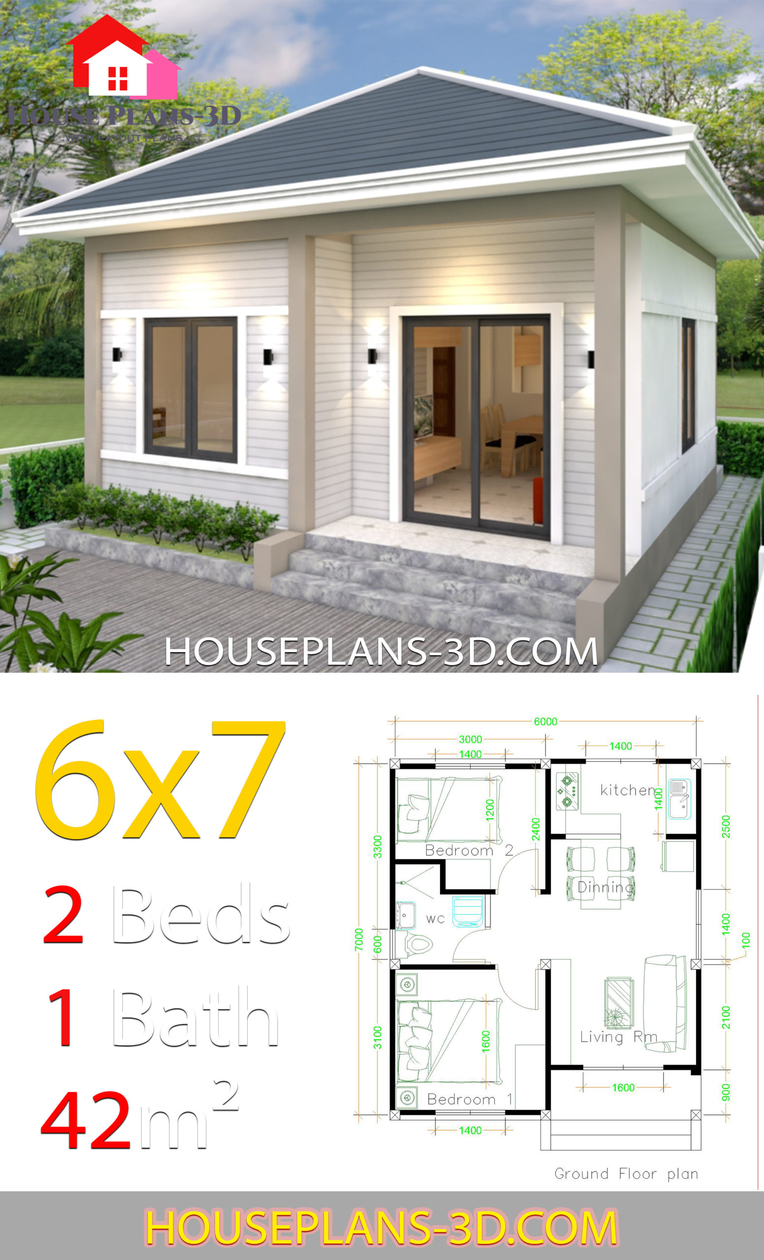 Simple House Plans 6x7 with 2 bedrooms Hip Roof - House Plans 3D