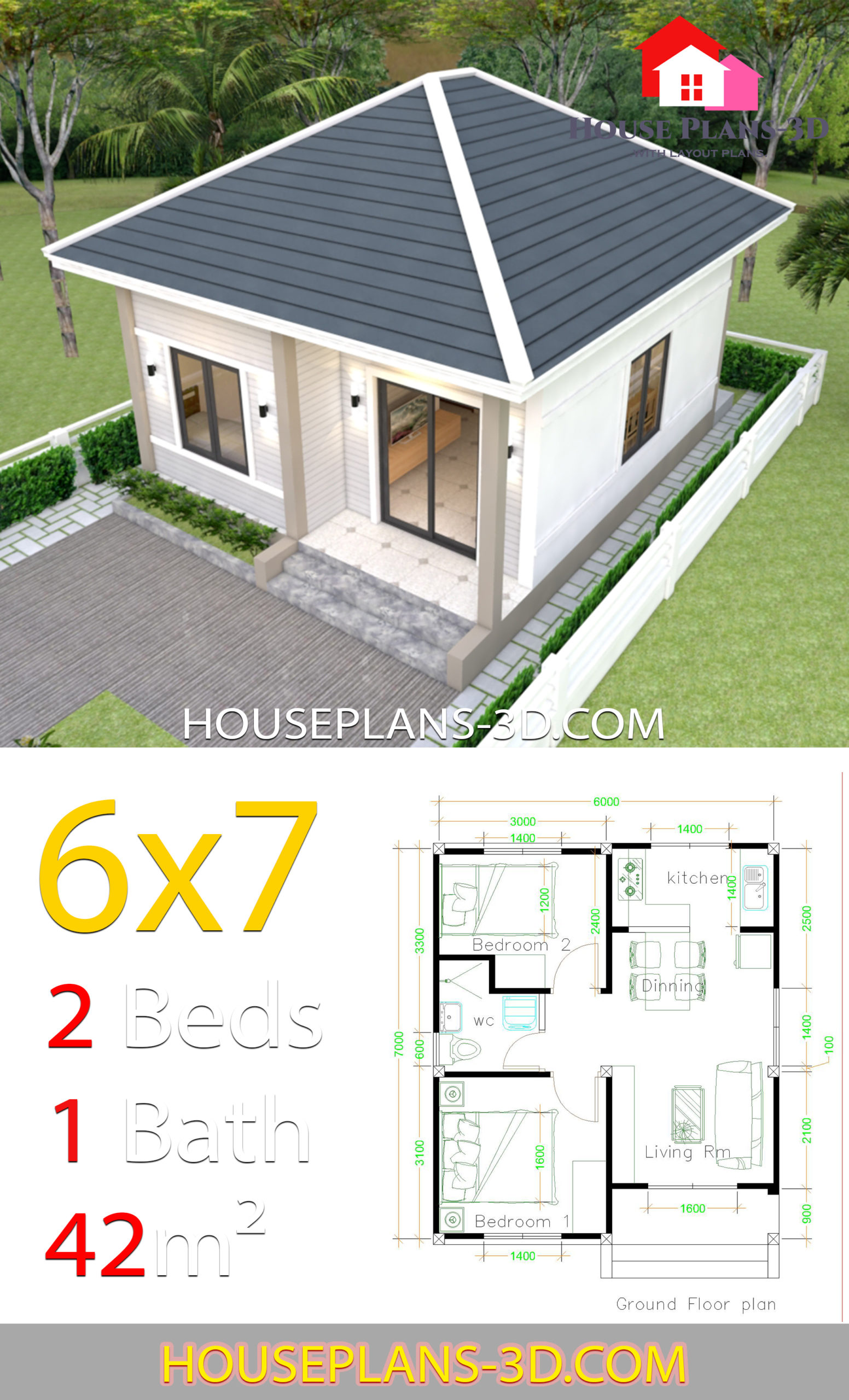 Simple House Plans 6x7 with 2 bedrooms Hip Roof - House Plans 3D