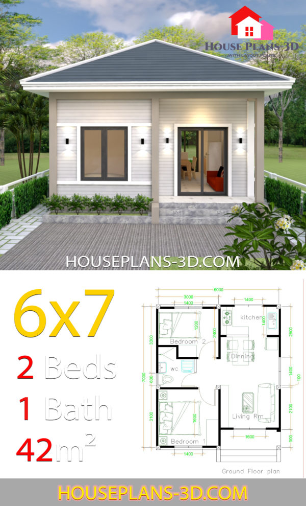 Simple House Plans 6x7 with 2 bedrooms Hip Roof - House Plans 3D