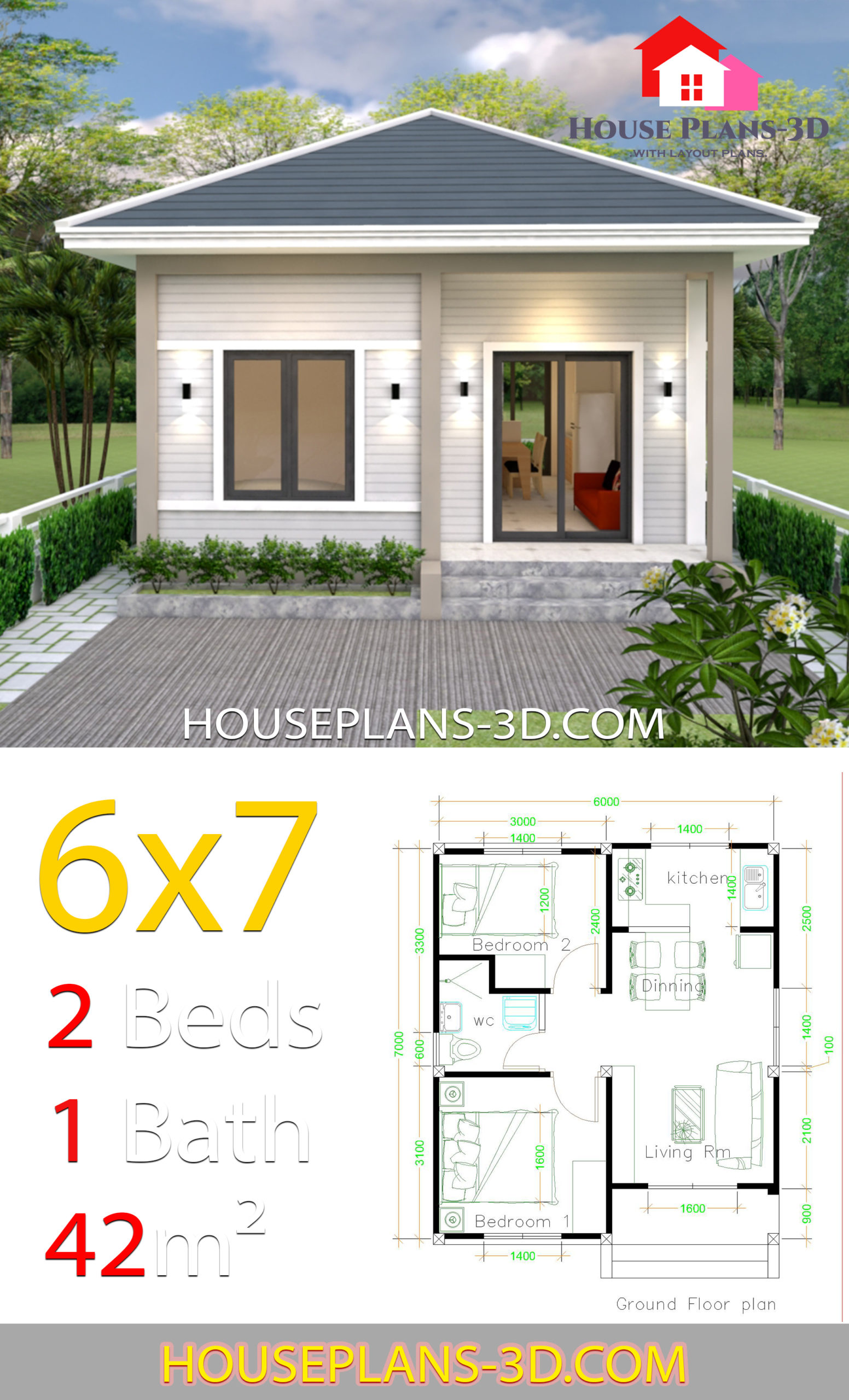 Simple House Plans 6x7 with 2 bedrooms Hip Roof 2