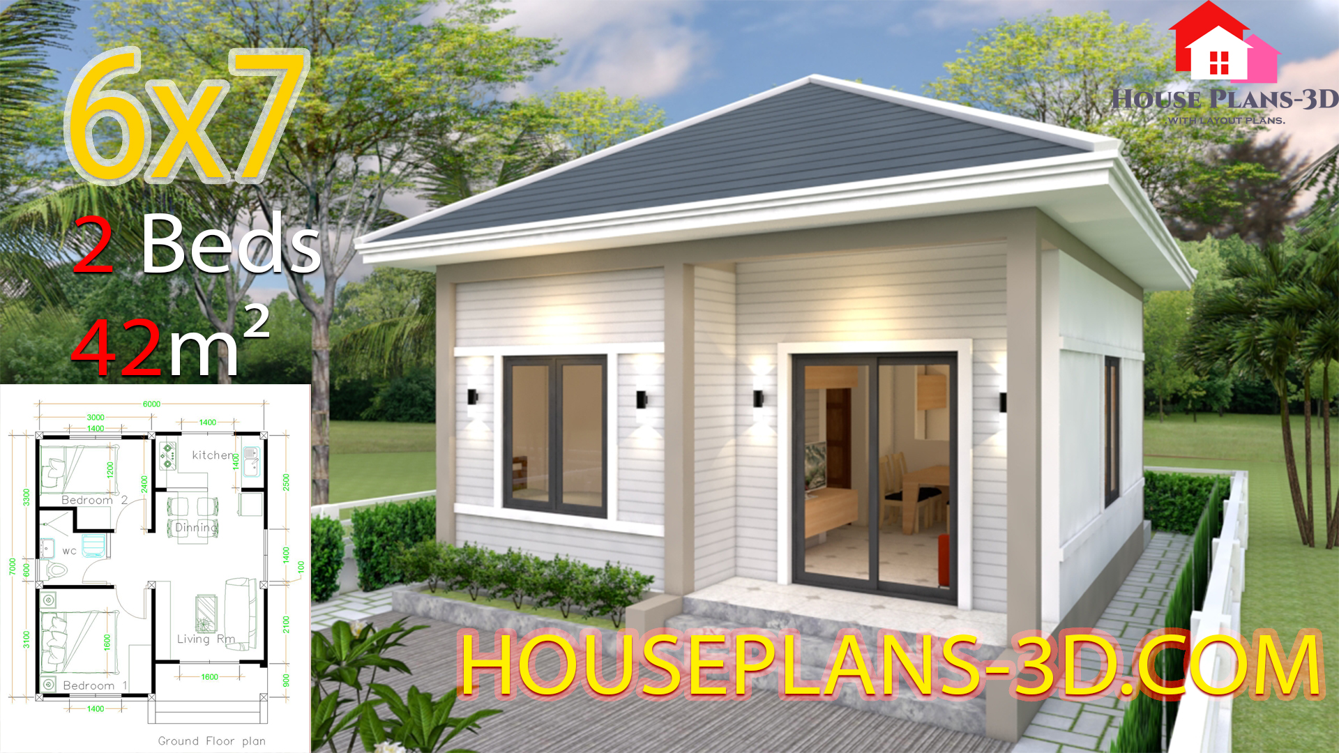 Simple House Plans 6x7 With 2 Bedrooms Hip Roof