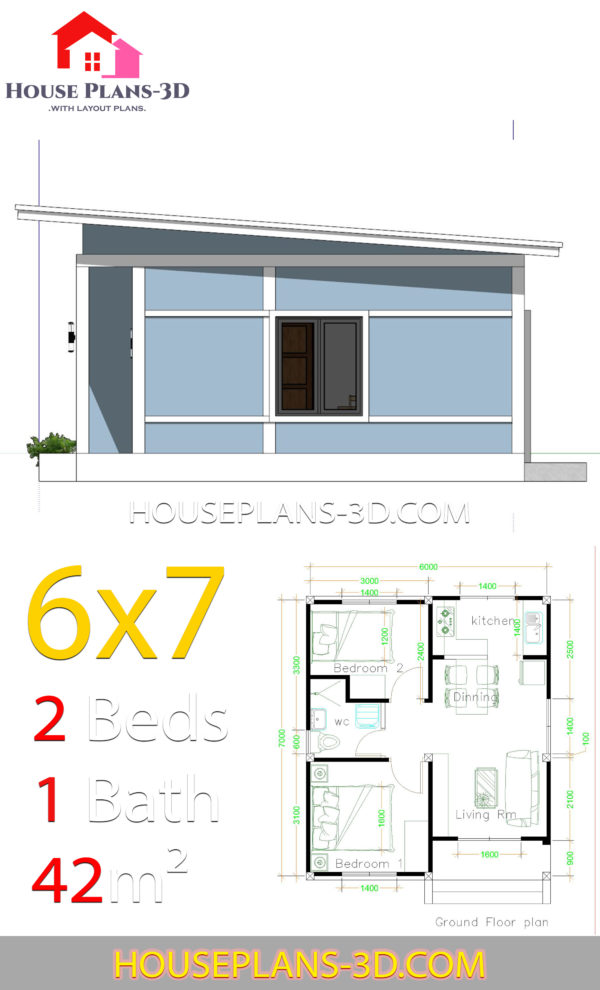 Simple House Plans 6x7 with 2 bedrooms Shed Roof - House Plans 3D