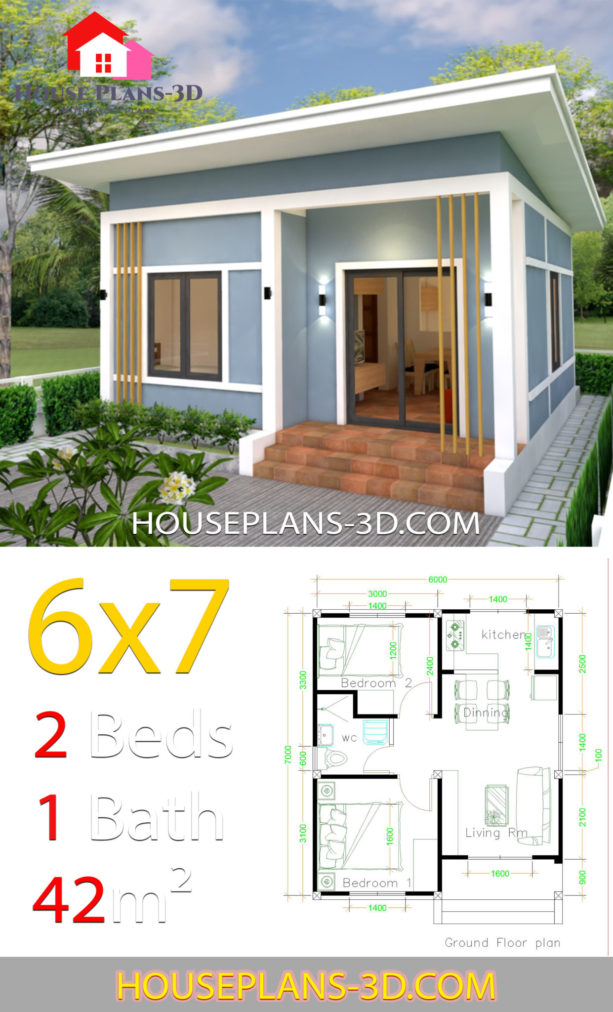 Simple House Plans 6x7 with 2 bedrooms Shed Roof - House Plans 3D