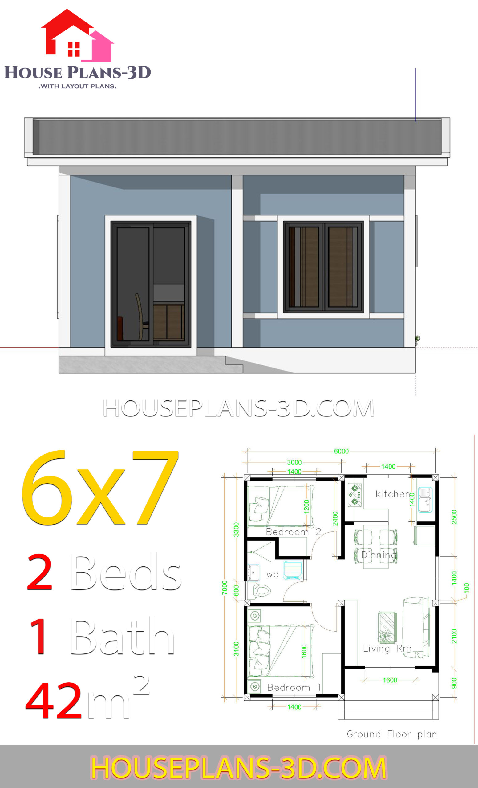 Simple House Plans 6x7 With 2 Bedrooms Shed Roof