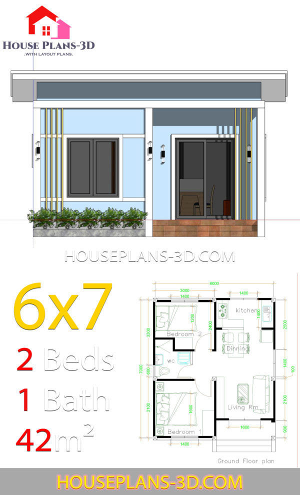 Simple House Plans 6x7 with 2 bedrooms Shed Roof - House Plans 3D