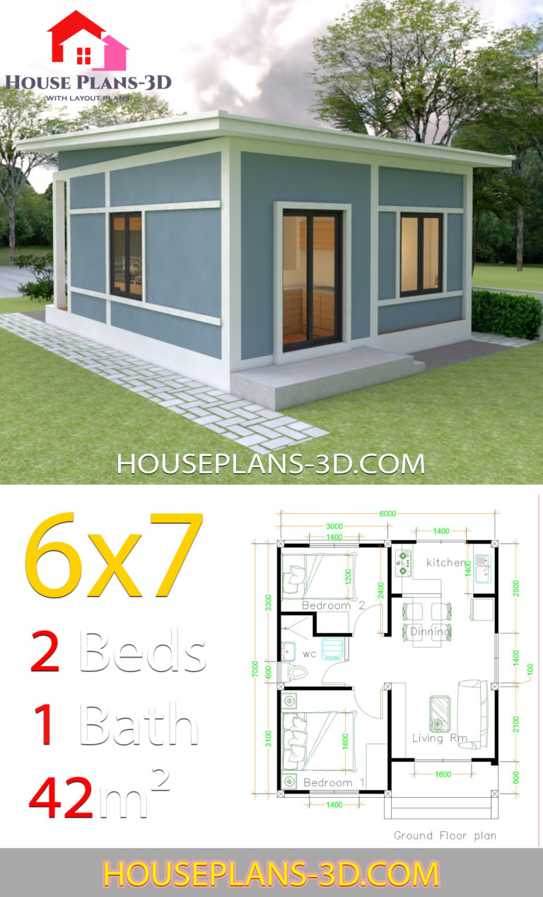 Simple House Plans 6x7 with 2 bedrooms Shed Roof - House Plans 3D