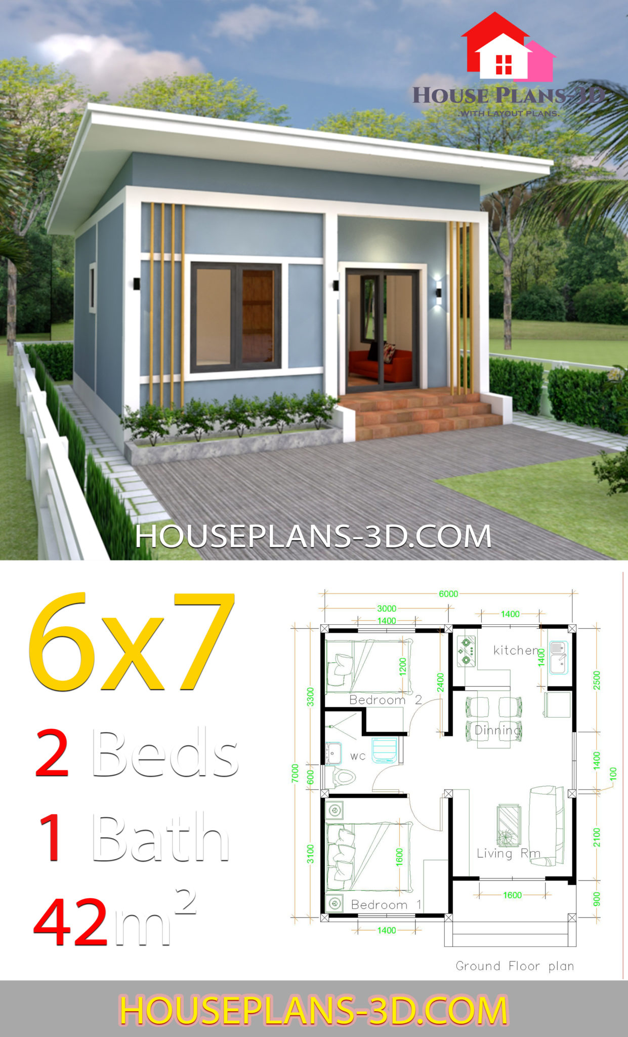 Simple House Plans 6x7 With 2 Bedrooms Shed Roof House Plans 3D