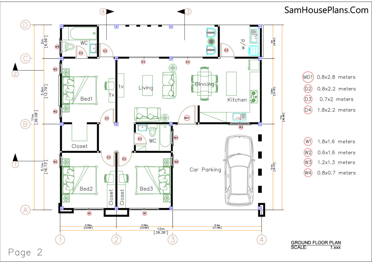 House Plans 12x11 with 3 Bedrooms Slap roof