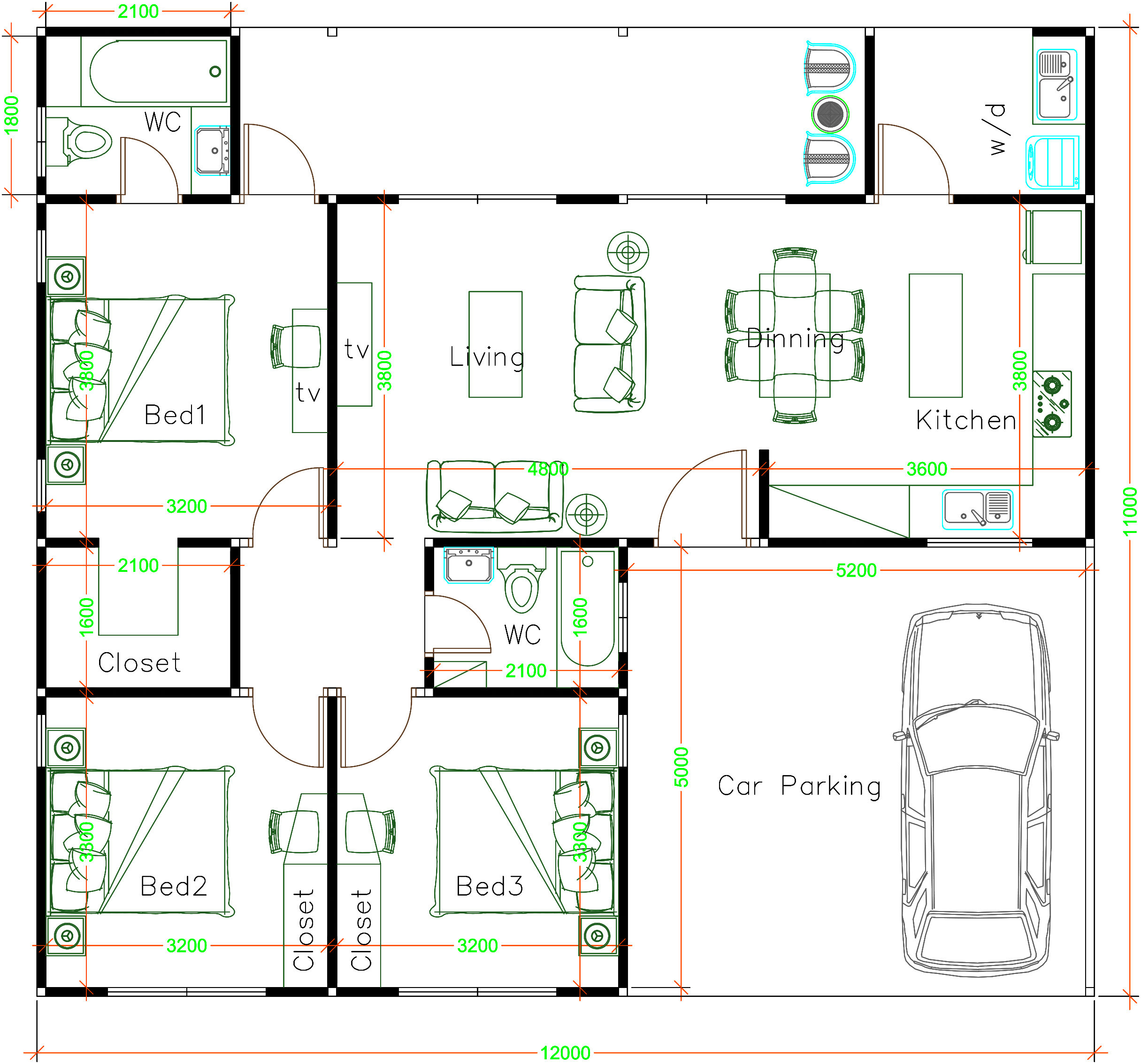 House Plans 12x11 with 3 Bedrooms Slap roof floor plan