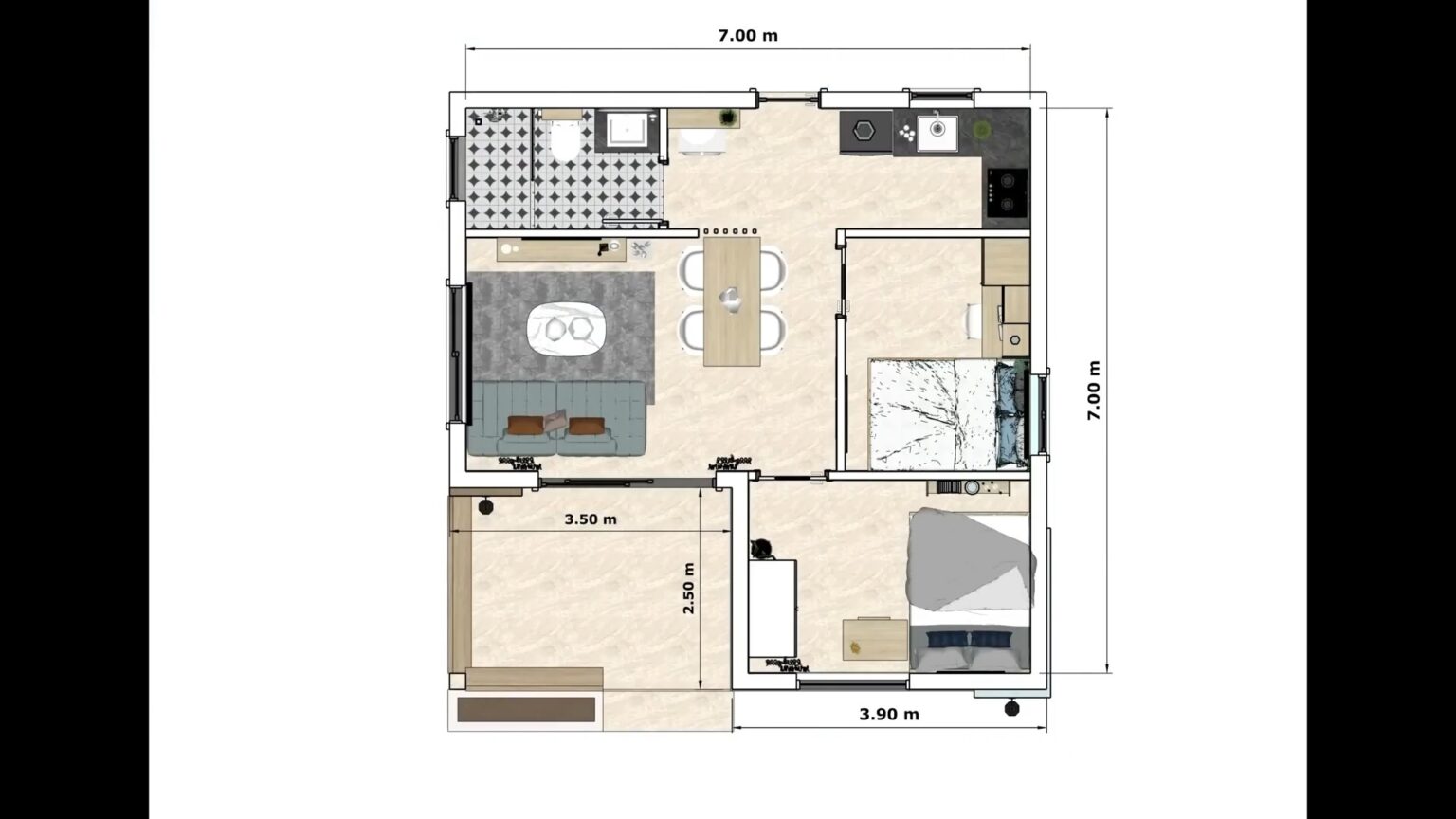 Beautiful Small House 7 x7 m House Design 2 Bedrooms - House Plans 3D